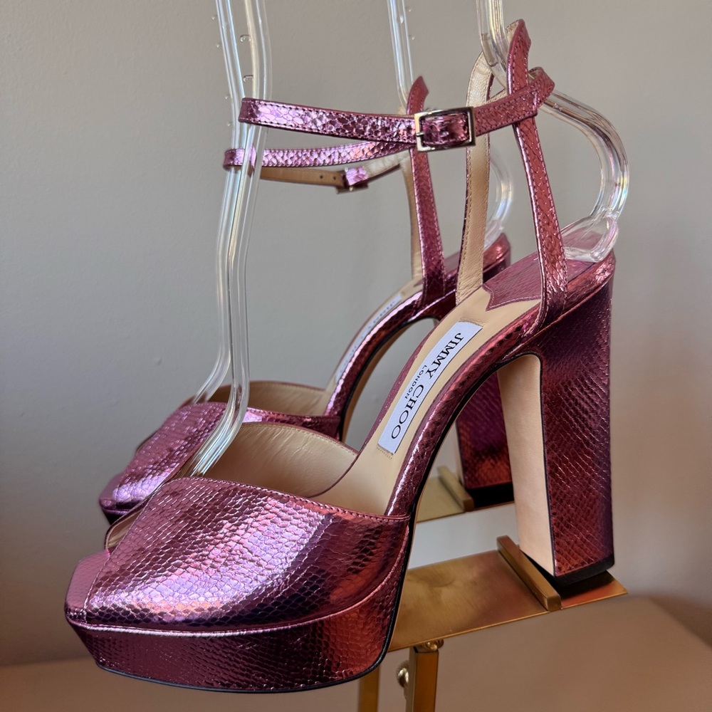Jimmy Choo Sacaria 120 Pink Metallic Platform Sandals EU 38 Block Heel NWT - Picture 3 of 15